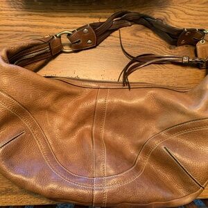 Large Slouch Coach Dylan Brown Leather Hobo Shoulder Bag With Braided Handle